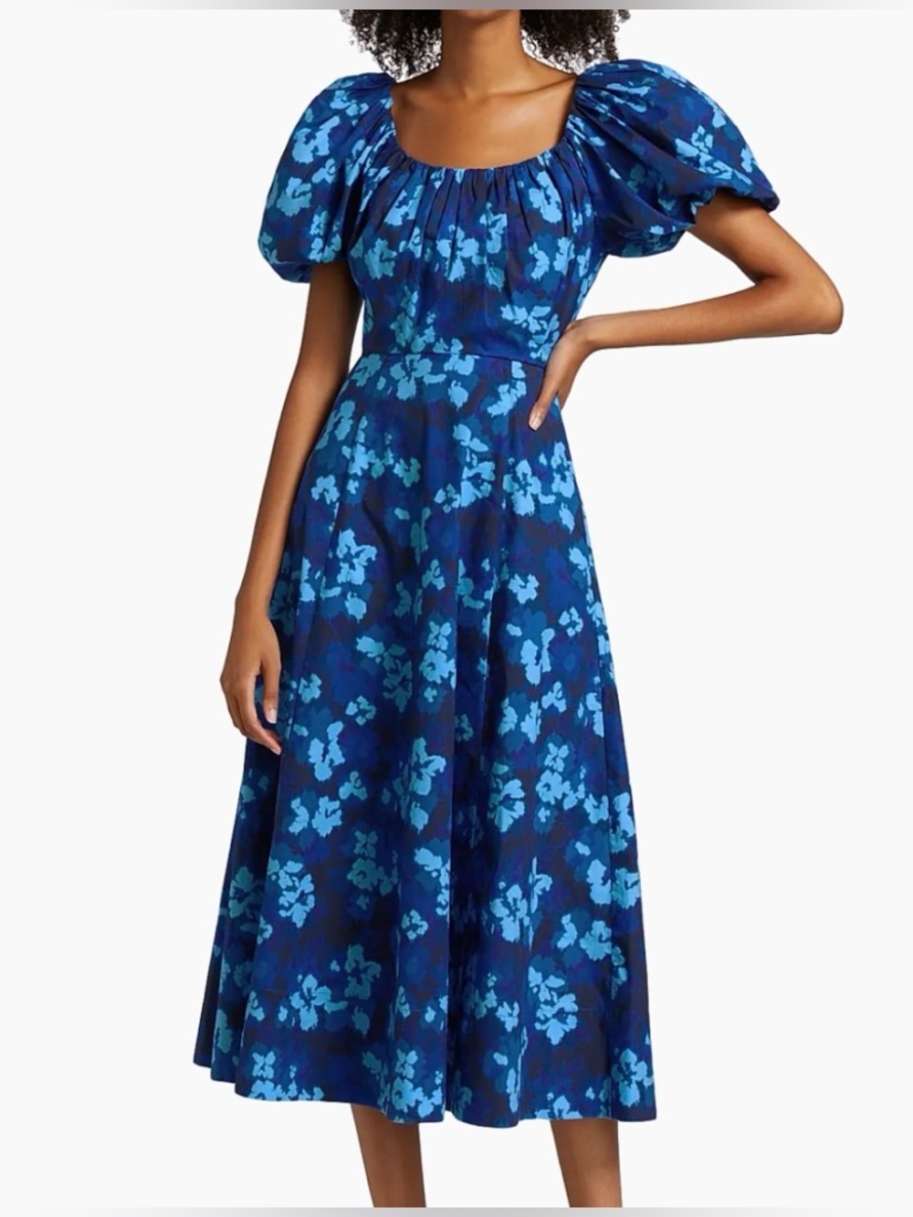 ULLA JOHNSON Imara Floral Print Cotton Poplin Midi Dress Azure 4 puff sleeve
